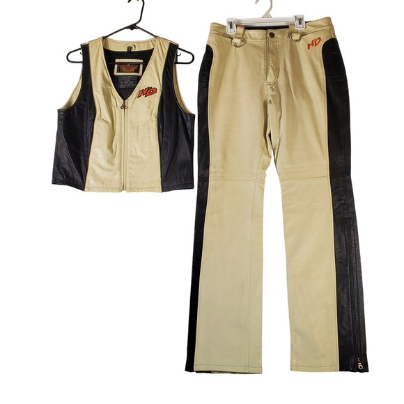 Harley-Davidson Pants - Harley Davidson Womens Leather Vest and Pants Set Cream Black Biker Riding Gear